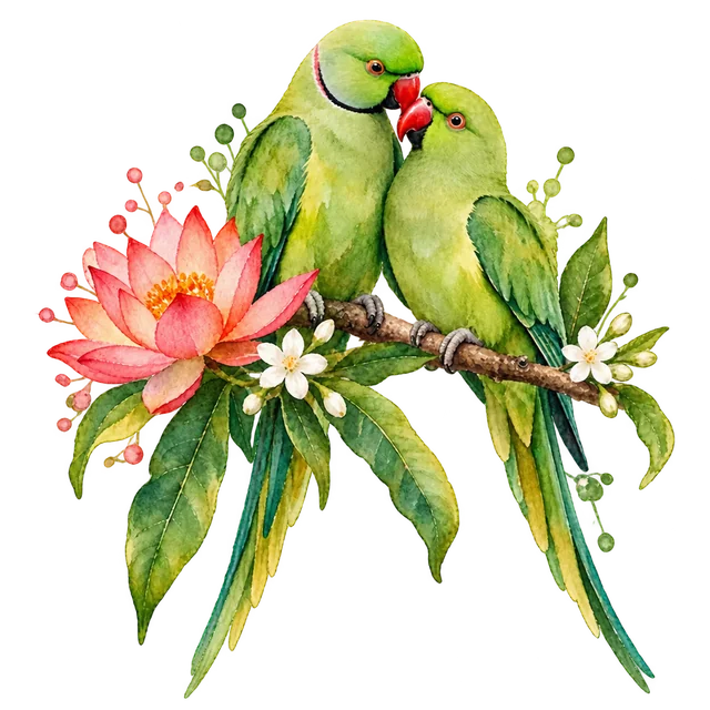 Two affectionate watercolor parrots nestled together on a mango twig